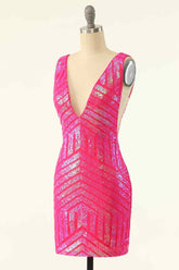 Party Dresses Clubwear, Hot Pink Sheath V Neck Sequin-Embroidered Mini Homecoming Dress